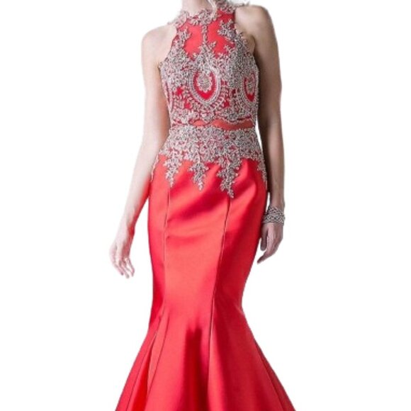NWT Ladivine 8934 Metallic lace embroid Evening Dress Red Size 8 - Picture 1 of 7